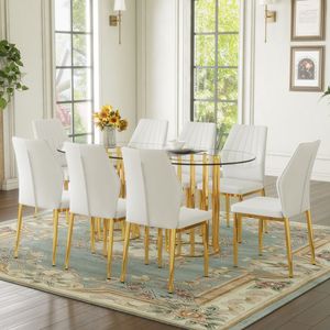 Tavolo da Pranzo Ovale di Lusso in Vetro Temperato da 71 Pollici e Set di 8 Sedie Bianche in PU con Colonna Doppia Dorata, Arredamento per Sala da Pranzo - Product Image 2