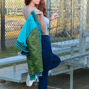 <b>Womens</b> Varsity Crop <b>Jacket</b> <b>Light</b> Blue Green Letterman Style Bomber Coat Faux Leather Sleeves Casual Outerwear Ladies Fashion - Product Image 3