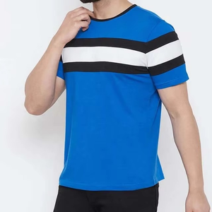 Camiseta Unisex Azul con Rayas en Contraste, Diseño de Panel en el Pecho, Corte Ajustado Informal, Cuello Redondo, Ropa de Calle de Verano, Moderna y Suave - Product Image 5