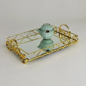 Rectangular Metal Storage <b>Tray</b> With <b>Mirrored</b> Surface Classic Design Single Tier Table Use Gold Finish Easy To Clean - Product Image 5