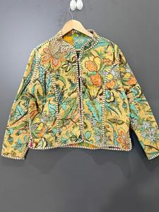Women Reversible <b>Quilted</b> Cotton <b>Jacket</b> Floral Kantha <b>Pattern</b> Bomber Coat Short Sleeve Winter Summer - Product Image 6
