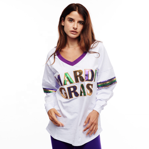 Women's Oversized Mardi Gras <b>Sequined</b> Long Sleeve T-Shirt V-Neck Purple Trim White Cotton Jersey Spring Summer Style - Product Image 3