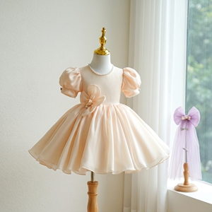 Elegante Vestido de Satén Color Champán para Niñas, Vestido de Princesa con Mangas Abullonadas y Flores 3D para Fiestas de Cumpleaños, Vestido para Invitadas de Boda, Traje para Ocasiones Especiales - Product Image 1