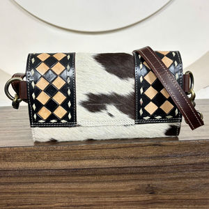 New Personalize 2025 Checkered <b>Board</b> Pattern Women Hand Tooled Leather Crossbody Wallet Genuine Cowhide Long Card Holder Handbag - Product Image 5