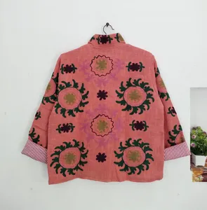 Veste bohème en coton rose pêche brodée Suzani, col montant, faite à la main, motif floral coloré, pour femme, automne - Product Image 3