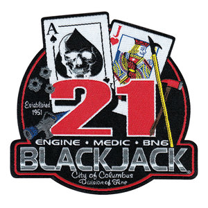 Blackjack Engine 21 Fire Department Patch Iron On Embroidered Woven Fabric Irregular Shape Gift - Product Image 1