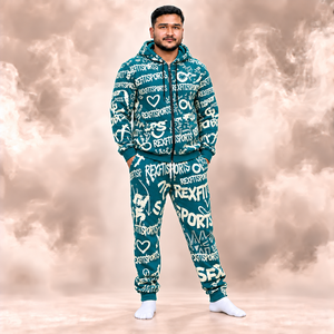 Teal And Cream Allover Graphic Tracksuit <b>Full</b> <b>Zip</b> <b>Hoodie</b> And Pants Set Unisex Custom Label Printed Streetwear Wholesale Clothing - Product Image 2