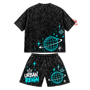 Conjunto de Camiseta y Pantalones Cortos Urban Reign para Hombre, Estampado de Grafiti Morado, Estilo Casual de Verano, Cuello Redondo, Tejido Transpirable - Product Image 4