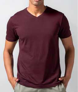 Camiseta de Manga Corta para Hombre, Cuello en V, Color Granate Sólido, Corte Regular, Tejido Casual - Product Image 1
