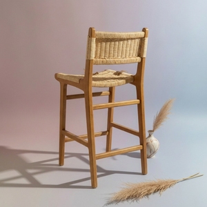 Solid Wood <b>Bar</b> <b>Stool</b> Hand Woven Rush Seat <b>High</b> Dining Chair With Backrest For Counter Kitchen Island Cafe Restaurant Furniture - Product Image 3