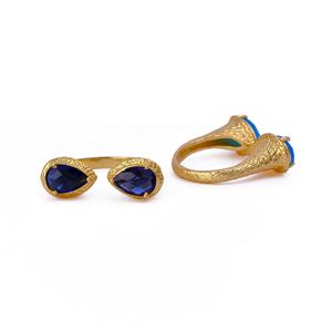 Iolite Quartz Double Pear Faceted Stone Textured Open <b>Adjustable</b> <b>Ring</b> Gold Plated Handmade Two Stone Bypass <b>Rings</b> - Product Image 3