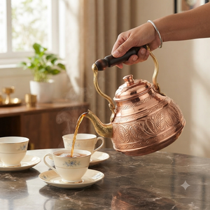 Bouilloire à thé en cuivre gravée artisanale, théière vintage avec poignée en bois, chauffe-eau pour cuisinière, pot à café, ustensiles de cuisine - Product Image 3