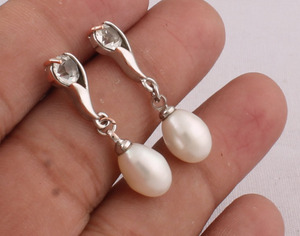 Boucles d'oreilles pendantes en perles d'eau douce, argent sterling 925, bijoux de mariage vintage, perle blanche naturelle - Product Image 2