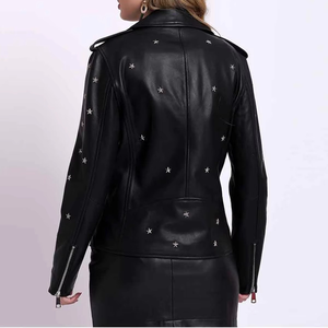 Women's Black PU Leather Moto Jacket Full Sleeve Zipper Closure Turn-down Collar Star Rivet Decoration Autumn Fashion - Product Image 2