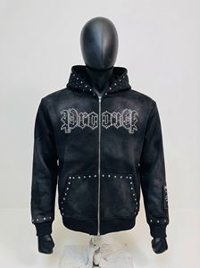 Black Studded <b>Zip</b> Hoodie Tracksuit Set Distressed Finish, Gothic Stud Embellishment, OEM/ODM Streetwear Manufacturer - Product Image 2