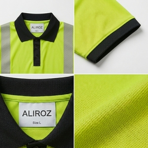 Polo de travail haute visibilité en polyester Aliroz pour hommes, uniforme de sécurité réfléchissant jaune-vert avec bordure noire - Product Image 3