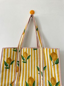 Sac fourre-tout en coton rayé jaune de qualité supérieure avec imprimé citron, style bohème, sac à main ouvert décontracté d'été pour femmes - Product Image 5