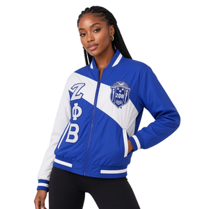Chaqueta Cortavientos Azul Rey y Blanco Zeta Phi Beta con Cremallera Completa, Bordado de Letras Griegas, Bloques de Color y Ribetes Acanalados, Prenda Exterior de Sororidad - Product Image 1