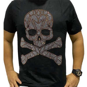 T-shirt uni pour homme, 180 grammes, tissu tricoté, col rond, manches courtes, style hip-hop personnalisé avec strass - Product Image 1