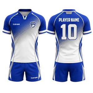 เสื้อรักบี้ MEGAMAPLE Club Name แบบยูนิเซ็กซ์ แขนสั้น คอวี สีน้ำเงินขาว พิมพ์ลายด้วยความร้อน ระบายอากาศได้ดี ซับเหงื่อ - Product Image 1