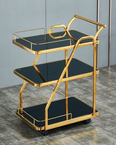 Luxury Gold Finish Iron Bar Cart with Glass Shelves Rolling <b>Serving</b> <b>Trolley</b> for Home Kitchen Dining Beverage Storage Home Hotel - Product Image 1