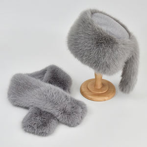 Custom Winter Faux Fur <b>Hat</b> Scarf Set Warm <b>Women</b> Flat <b>Top</b> Bucket Caps With Two Tails Caps Scarves Wholesale - Product Image 2