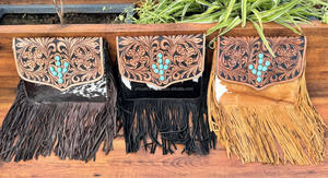 Handmade <b>Hair</b> on Tooled Leather Cactus Turquoise Stone Fringe Crossbody Bag Western Genuine Leather Conceal Carry Women's Purse - Product Image 4