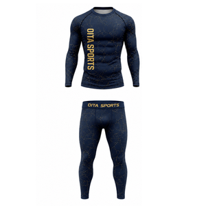 Ensemble de vêtements de sport pour homme, bleu marine, manches longues et leggings, compression, entraînement, fitness, gym, athlétique - Product Image 1