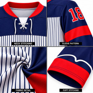 Ensemble d'uniformes de hockey sur glace pour hommes, impression sublimée, évacuation de l'humidité, manches longues, design rayé, numéro 18, bleu, rouge, blanc, taille adulte - Product Image 6