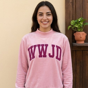 Women's <b>Pink</b> Turtleneck <b>Sweatshirt</b> With Purple WWJD Letter Print Regular Fit Full Sleeve Knitted Cotton Autumn Wear - Product Image 1