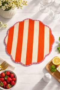 Orange White Strip Cotton Quilted Reversible Modern Customizable Machine Washable Round Placemat - Product Image 1