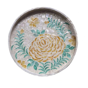 Handcrafted Mother Of Pearl Tray Luxury <b>Yellow</b> Rose Mosaic Serving Platter Wholesale MOP Inlay Decorative Ottoman <b>Coffee</b> <b>Table</b> - Product Image 1