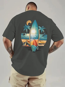 Men's Gray T-Shirt Short Sleeve O-Neck Digital Print Beach Surf Design Regular Fit 100% Cotton Jersey Breathable Casual Custom - Product Image 4