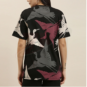 T-shirt noir à col rond pour femme avec imprimé grue rose, blanc et gris, coupe ample, manches courtes, en jersey tricoté, toutes saisons - Product Image 2