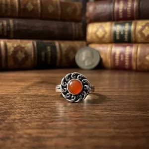 Lusterelics Bague florale en pierre naturelle Cornaline, style bohème, en alliage de laiton plaqué argent, sertie en canal, pour femme, idéale pour les soirées - Product Image 3