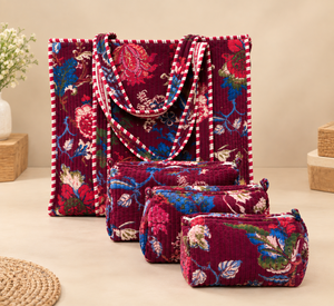 Sac fourre-tout en velours en gros avec ensemble de 3 pochettes matelassées, sac à main en velours imprimé floral et ensemble d'organisateurs de rangement pour cosmétiques - Product Image 2
