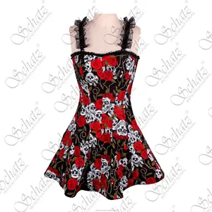 Đáng yêu màu đen retro hoa Tạp dề bông vải nấu ăn Salon pinafore người yêu đường viền cổ áo Halloween sống Linh Hồn chết Ăn mặc