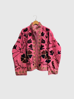 Veste en velours rose à manches longues, taille plus, broderie florale, col mandarin, vêtements d'automne pour femmes