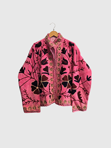 Veste en velours rose à manches longues, taille plus, broderie florale, col mandarin, vêtements d'automne pour femmes - Product Image 3