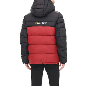 HUSKY Men's Hooded Puffer <b>Jacket</b> Red Black Color Blocking Windproof Winter Casual Zipper Front Logo Thick Quilted Coat - Product Image 2
