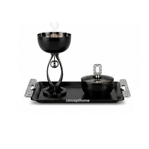Black Metal Incense <b>Burner</b> Set With Tray Floral Design Aromatherapy Use All Season - Product Image 2