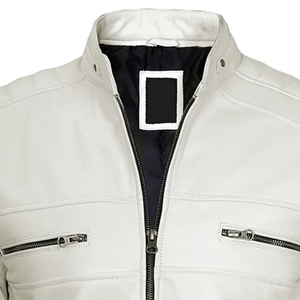 Blouson moto en cuir PU blanc pour homme, col montant, fermeture éclair, coupe ajustée, pour l'automne - Product Image 2