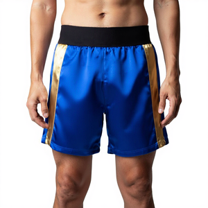 Men's Blue Boxing Shorts with Gold Side Stripes Elastic Waistband Breathable Casual 220g <b>Polyester</b> Sportwear - Product Image 1