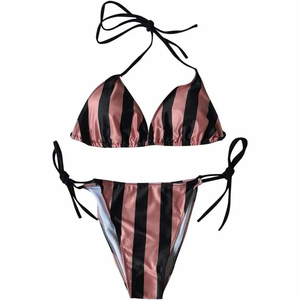 Ensemble bikini rayé 1 pièce pour filles, micro-soutien-gorge, contrôle du ventre, anti-UV, tissu extensible, motif rose et noir, tenue de plage - Product Image 4