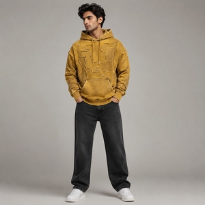 Design Vintage Washed Fabric Detailed Embroidery <b>Men</b> Distressed Embroidery Hoodies Soft Comfortable <b>Pullover</b> Sweatshirt - Product Image 4