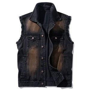 Gilet en jean marron délavé pour homme, col rabattu, couleur unie, vêtement d'extérieur décontracté en coton tissé, simple boutonnage, pour l'automne - Product Image 1