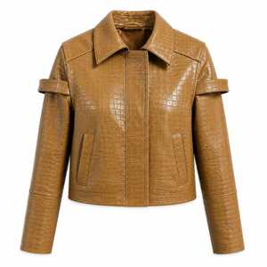 Veste en cuir gaufré croco pour femme, marron, en cuir de crocodile véritable, coupe courte, faite à la main, tendance - Product Image 1