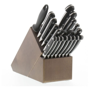 Ensemble de couteaux de cuisine à lame argentée et manche noir avec bloc marron et poignée rivetée pour trancher le pain, hacher les légumes et préparer les aliments - Product Image 1