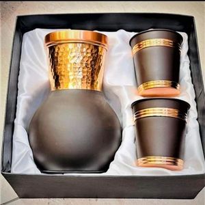 Black Copper Water Carafe Set with Glass Vessel and Drinking <b>Cups</b> for Bedside Dining Gift Use - Indian Home Crafts - Product Image 2