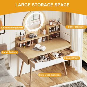 Adjustable Lighted 3 Mirror Makeup Vanity Desk with Solid Wood <b>Table</b> <b>Feet</b> 4-Drawer 3-Open Dressing <b>Table</b> Set - Product Image 4